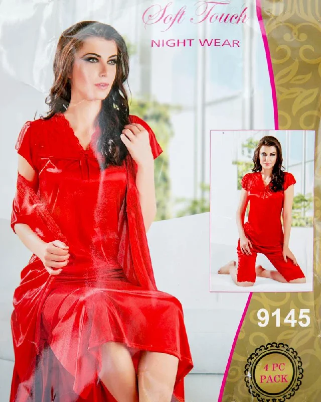 Women's Satin Sleepwear Lingerie 4 Pcs Wedding Nighty Set with Gown - 9145 - Silk Nighty By Soft Touch