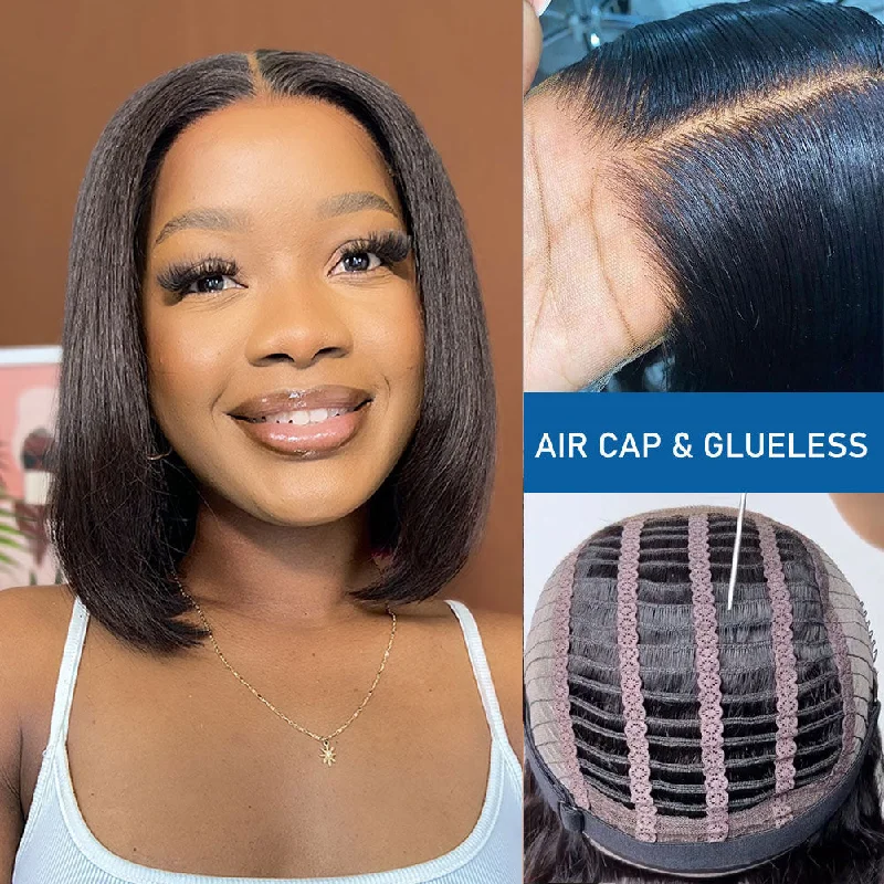 Bob Wigs for YouTube Content Creators​ Glueless Air Cap Skin Melt Swiss Lace Preplucked Human Hair Closure Yaki Bob Wigs