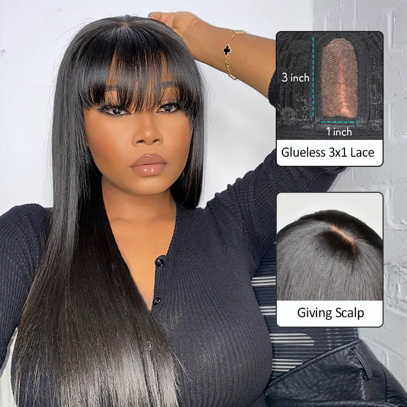 Bob Wigs for Camping​ Pull Go 3x1 Lace Double Drawn Bob Wig True Scalp Bang Wig Bone Straight Silky Glueless Human Hair