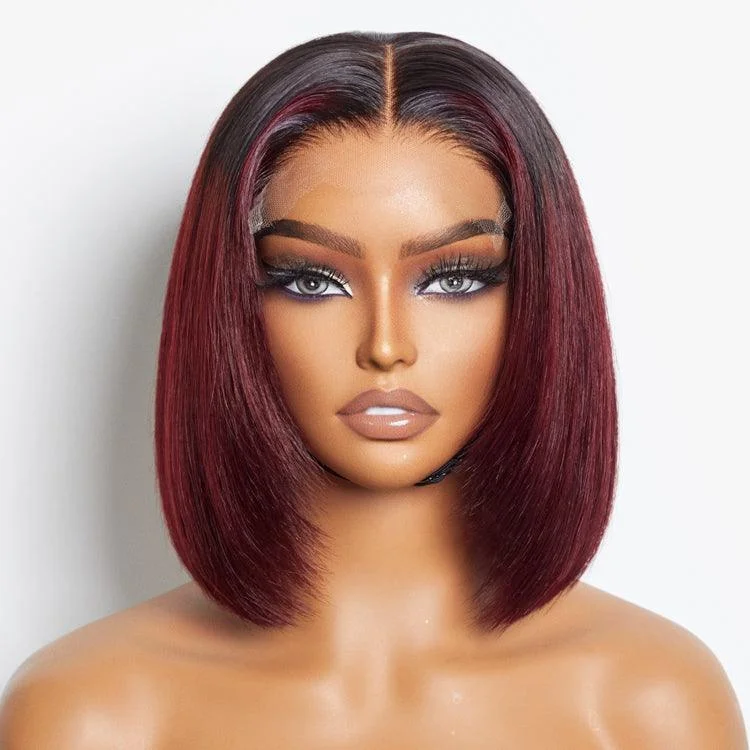 Bob Wigs for Alopecia Sufferers Limited Design | Ombre Dark Red Silky Layered Cut Glueless 5x5 Closure HD Lace Short Bob Wig Bob Wigs for Alopecia Sufferers Limited Design | Ombre Dark Red Silky Layered Cut Glueless 5x5 Closure HD Lace Short Bob Wig