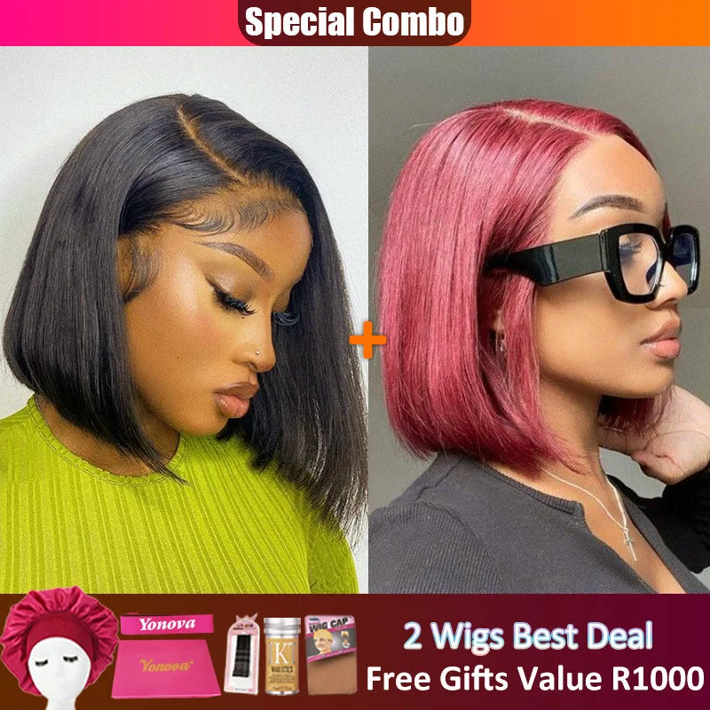 Bob Wigs for Theaters Hot combo | 13X4 Full Frontal Lace Natural Color Bob Wig+Burgundy #99J Color BOB Wig Bob Wigs for Theaters Hot combo | 13X4 Full Frontal Lace Natural Color Bob Wig+Burgundy #99J Color BOB Wig