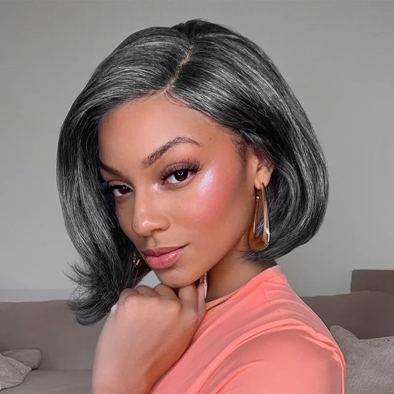 Bob Wigs for Business Meetings Salt and Pepper Pre-Styled Layered Cut Short Bob Wig Blowout Hairstyle Human Hair Wig Bob Wigs for Business Meetings Salt and Pepper Pre-Styled Layered Cut Short Bob Wig Blowout Hairstyle Human Hair Wig