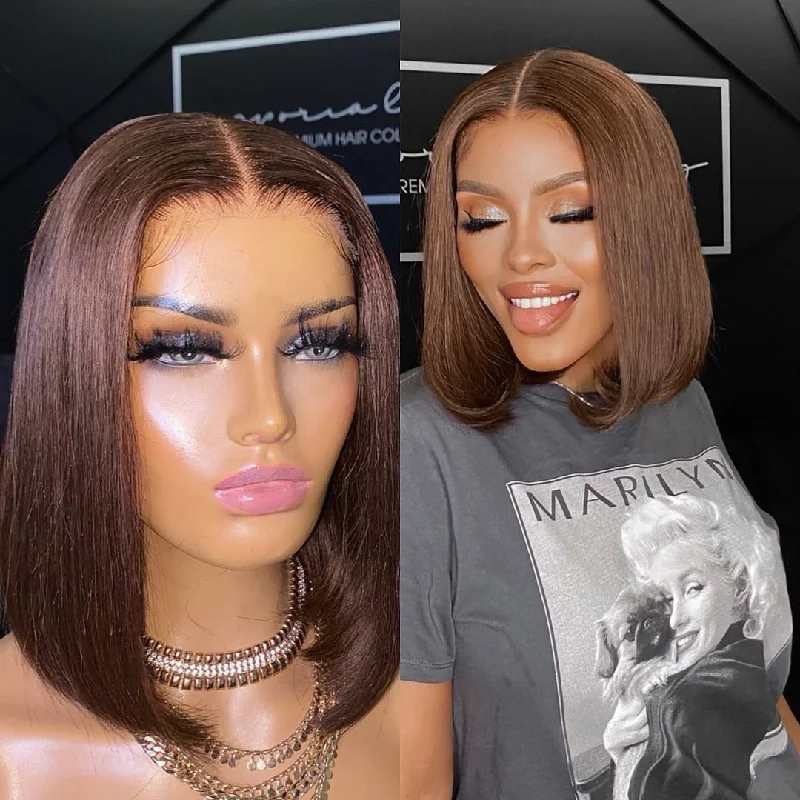 Bob Wigs for Apple - Shaped Figures Dark Brown Straight Human Hair Bob Lace Front Wig Bob Wigs for Apple - Shaped Figures Dark Brown Straight Human Hair Bob Lace Front Wig
