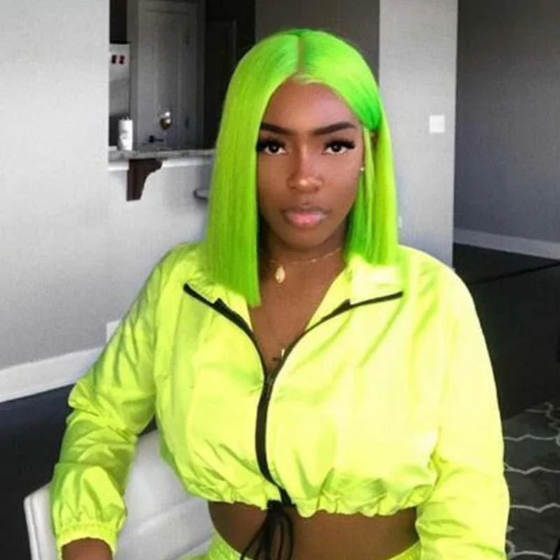 Bob Wigs with UV - Resistant Properties (for Outdoor Use) Middle Part Short Green Bob Human Hair Wig Lace Front Surprisehair Bob Wigs with UV - Resistant Properties (for Outdoor Use) Middle Part Short Green Bob Human Hair Wig Lace Front Surprisehair