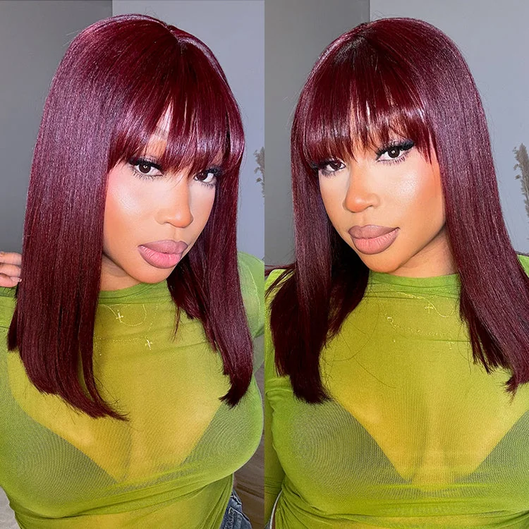 Bob Wigs in Red Hues Reddish Purple Realistic Glueless Yaki Straight Bob with Bangs Minimalist Lace Bob Wig Put on & Go Bob Wigs in Red Hues Reddish Purple Realistic Glueless Yaki Straight Bob with Bangs Minimalist Lace Bob Wig Put on & Go