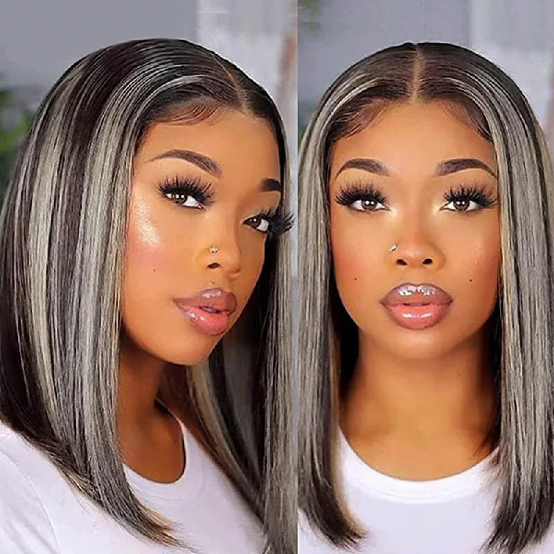 Bob Wigs for Date Nights Grey Bob Wig with Blonde Highlight Brazilian Human Hair for African American Bob Wigs for Date Nights Grey Bob Wig with Blonde Highlight Brazilian Human Hair for African American