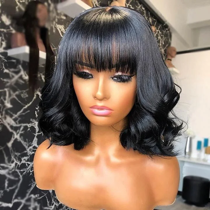 Bob Wigs for Bridesmaids Blunt Cut Short Layered Black Bob Wig With Bangs Full Cap 13x4 Lace Wig Bob Wigs for Bridesmaids Blunt Cut Short Layered Black Bob Wig With Bangs Full Cap 13x4 Lace Wig