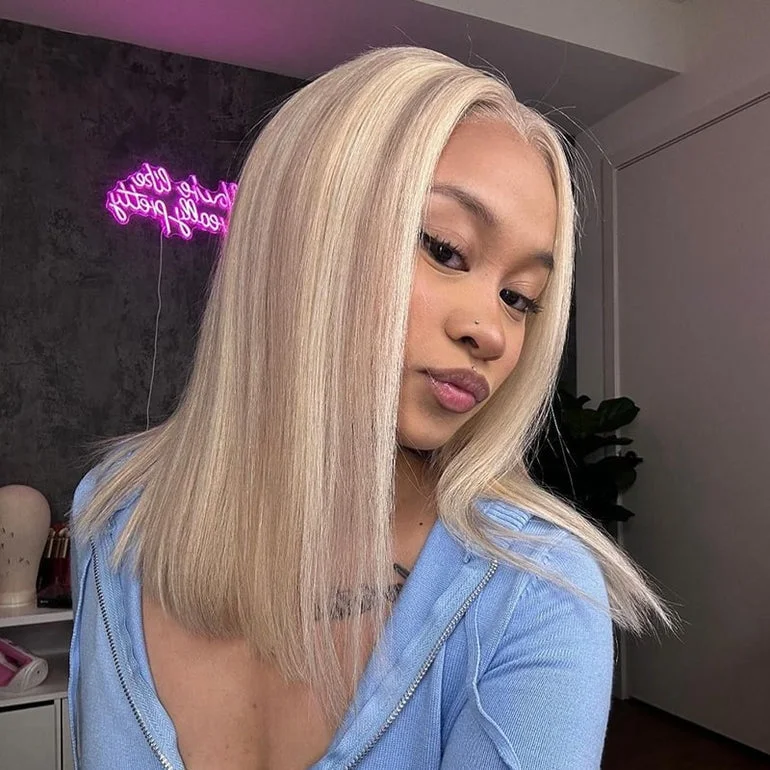 Bob Wigs with Bangs for Square Faces​ 13x4 613 Blonde Balayage Human Hair Lace Wig | Straight Bob