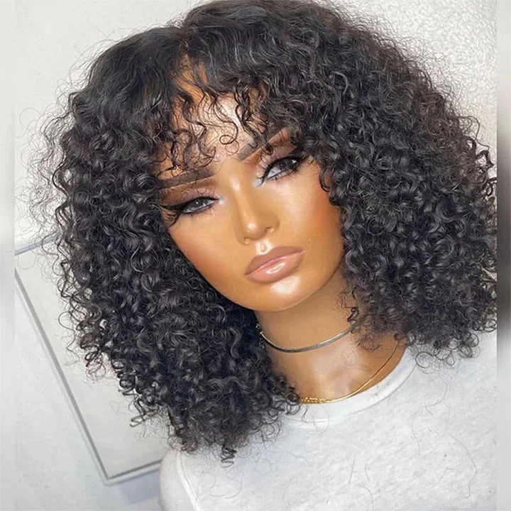 Bob Wigs with Clip - in Bangs (Removable) Short Curly Bob 13x4 Lace Frontal Wig With Bangs Human Hair Glueless Wig Bob Wigs with Clip - in Bangs (Removable) Short Curly Bob 13x4 Lace Frontal Wig With Bangs Human Hair Glueless Wig