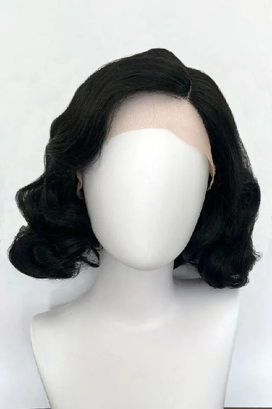 Black lacefront wig, pinup/vintage style, mid length with finger waves: Lilith