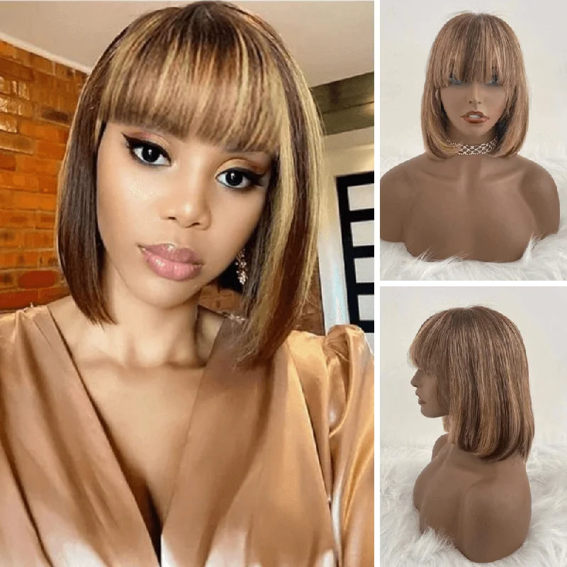 Bob Wigs for Business Professionals Short Brown Highlight Bob Wig with Bangs Human Hair Lace Frontal for African American Bob Wigs for Business Professionals Short Brown Highlight Bob Wig with Bangs Human Hair Lace Frontal for African American