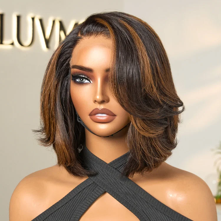 Bob Wigs with Side - Parted Styles Trendy Brown Highlight Layered Bob Blowout Glueless 5x5 HD Lace Closure Wig 100% Human Hair Bob Wigs with Side - Parted Styles Trendy Brown Highlight Layered Bob Blowout Glueless 5x5 HD Lace Closure Wig 100% Human Hair