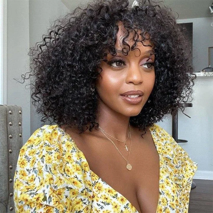 Bob Wigs for TikTok Stars Curly Bob Machinemade Wig With Bangs Glueless Human Hair Wig With Fringe Bob Wigs for TikTok Stars Curly Bob Machinemade Wig With Bangs Glueless Human Hair Wig With Fringe