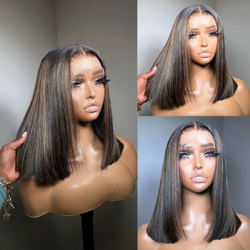 Bob Wigs for Rectangle - Shaped Figures​ Highlight Mixed Blunt Cut Double Drawn Bob Transparent Lace Wigs