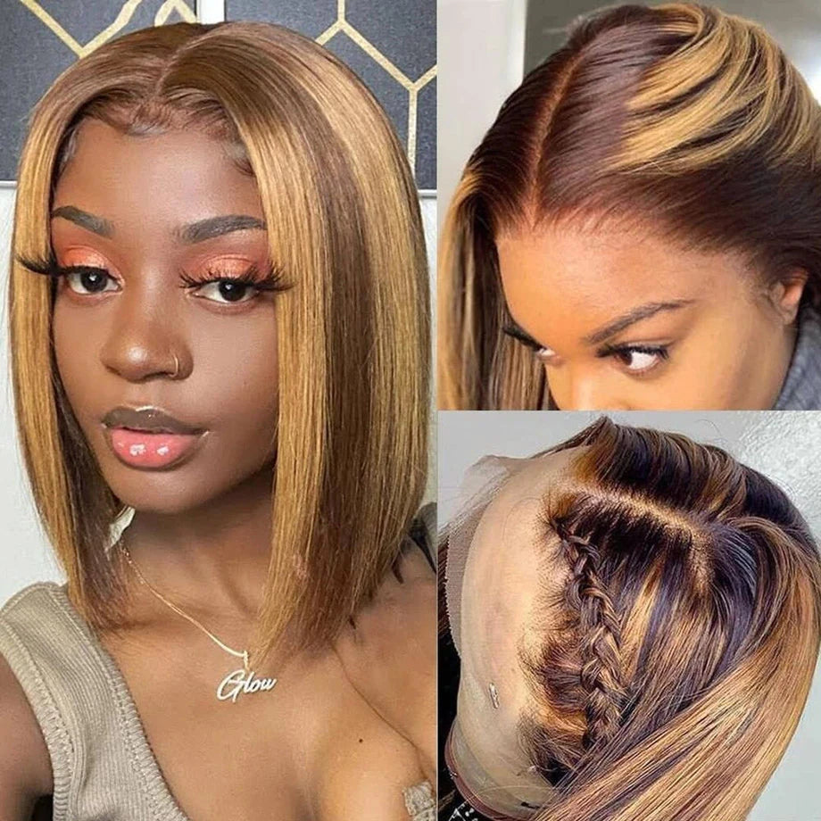 Bob Wigs for YouTube Content Creators​ Highlight Wig Human Hair Short Bob Wigs Bone Straight Remy Colored Human Hair Wig Ombre Blonde 13x1 Lace Frontal Wigs For Women