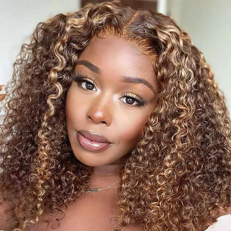Bob Wigs for Dance Classes Modern Show Brazilian Brown With Strawberry Blonde Highlights Curly Bob Lace Front Wigs With Pre Plucked Baby Hair Bob Wigs for Dance Classes Modern Show Brazilian Brown With Strawberry Blonde Highlights Curly Bob Lace Front Wigs With Pre Plucked Baby Hair