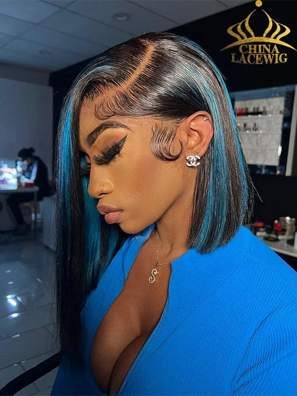 Bob Wigs with Bangs for Square Faces Chinalacewig Preplucked Human Hair Highlight BOB Blue 13x4 Undetecable HD Lace Front Wigs NCF092 Bob Wigs with Bangs for Square Faces Chinalacewig Preplucked Human Hair Highlight BOB Blue 13x4 Undetecable HD Lace Front Wigs NCF092