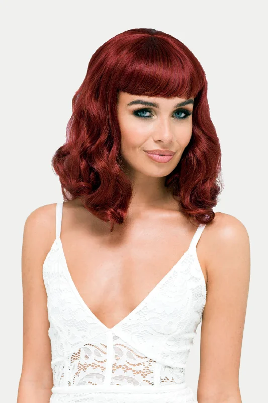 Copper red 1950s pinup wig, curled with short fringe: Kitty