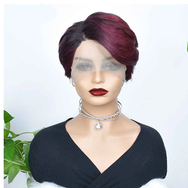 Bob Wigs for Apple - Shaped Figures Aligrace T Part Lace Pixie Cut Short BoB Wigs 1B/99J Wigs Bob Wigs for Apple - Shaped Figures Aligrace T Part Lace Pixie Cut Short BoB Wigs 1B/99J Wigs