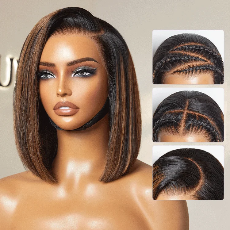 Bob Wigs for Horseback Riding PreMax Wigs | Natural Looking Brown Highlight Silky Blunt Cut Bob Glueless 13x4 Frontal Pre-Cut Lace Wig Bob Wigs for Horseback Riding PreMax Wigs | Natural Looking Brown Highlight Silky Blunt Cut Bob Glueless 13x4 Frontal Pre-Cut Lace Wig