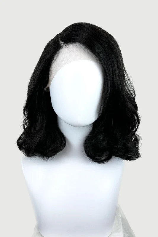 Black shoulder length long bob (lob) lacefront wig with side sweeping fringe/bangs: Amaris
