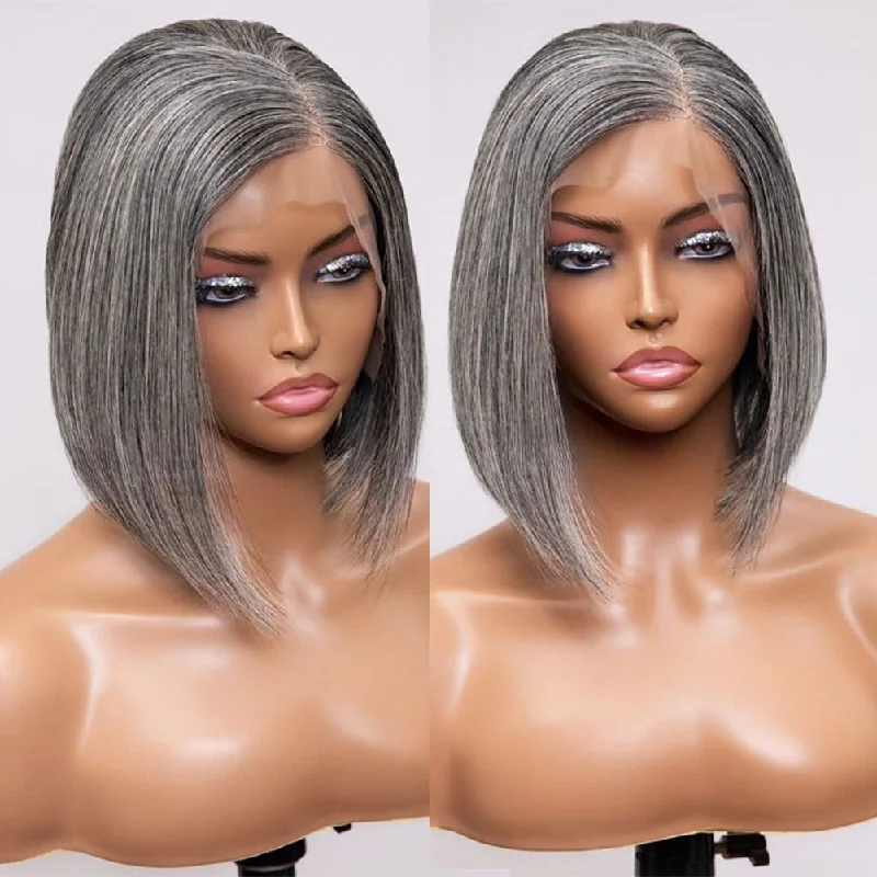 Bob Wigs for Camping​ Grey Bob Salt and Pepper Virgin Human Hair Lace Front Bob Frontal Wig