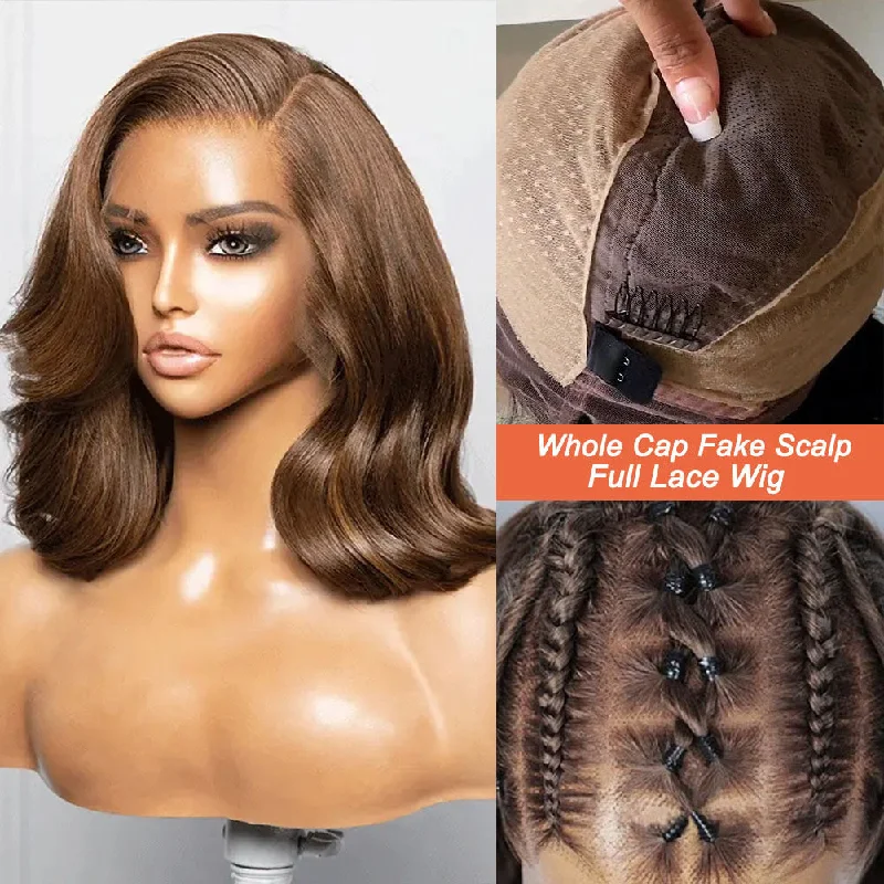 Bob Wigs for Social Media - Worthy Outfits Full Lace Fake Scalp Free Parting Preplucked Human Hair Light Brown Yaki Bob Wig Bob Wigs for Social Media - Worthy Outfits Full Lace Fake Scalp Free Parting Preplucked Human Hair Light Brown Yaki Bob Wig