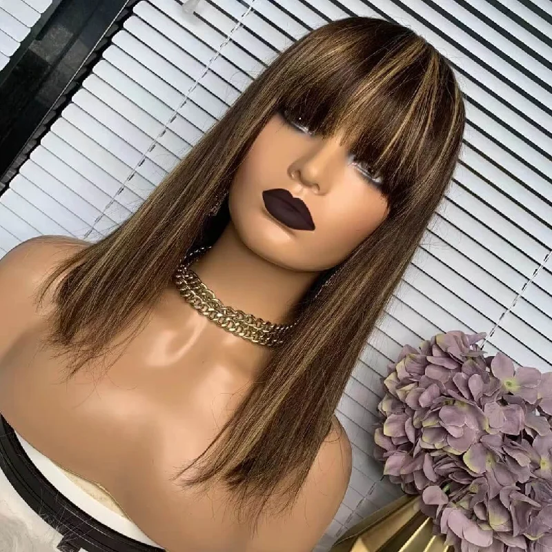 Bob Wigs for Shopping Trips Highlight Human Hair Wig With Bangs Straight For African American Bob Wigs for Shopping Trips Highlight Human Hair Wig With Bangs Straight For African American