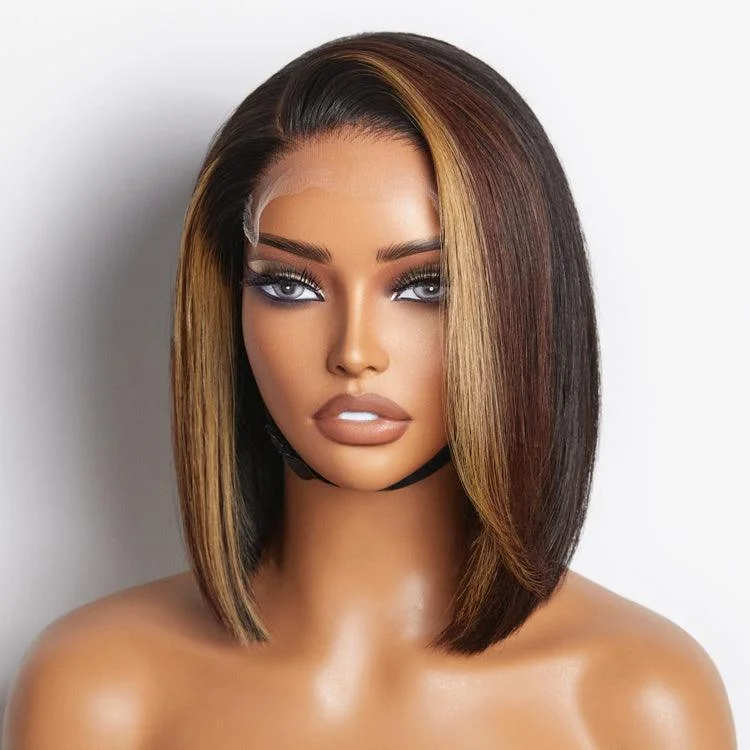 Bob Wigs for Wedding Guests Limited Design | Brown Blonde Combo Highlight Straight Glueless 5x5 Closure HD Lace Bob Wig | Large & Small Cap Size Bob Wigs for Wedding Guests Limited Design | Brown Blonde Combo Highlight Straight Glueless 5x5 Closure HD Lace Bob Wig | Large & Small Cap Size