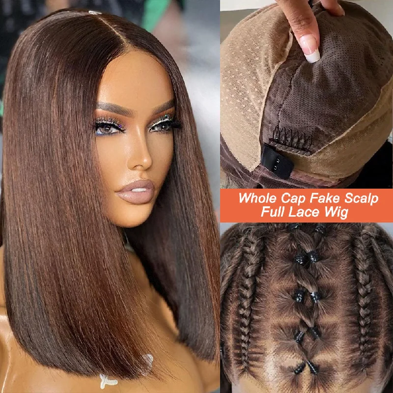 Bob Wigs with Clip - in Extensions (to Add Length) Full Lace Fake Scalp Free Parting Preplucked Human Hair Brown Bob Wig Bob Wigs with Clip - in Extensions (to Add Length) Full Lace Fake Scalp Free Parting Preplucked Human Hair Brown Bob Wig