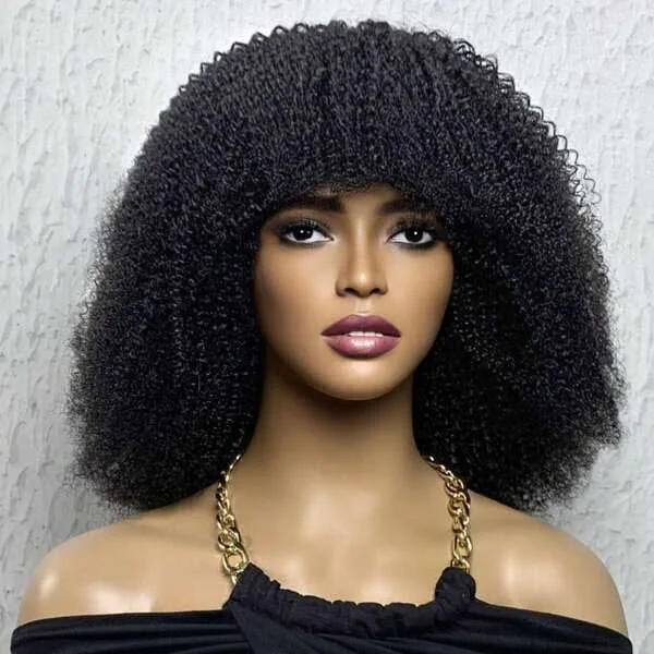 Bob Wigs for Running​ Aligrace Machine Made Afro Curly Human Hair Wig With Bangs