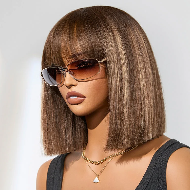Bob Wigs for TikTok - Inspired Styles Ash Blonde Highlights Yaki Blunt Cut Bob Wig with Bangs Glueless Minimalist Lace Short Wig Breathable Cap Bob Wigs for TikTok - Inspired Styles Ash Blonde Highlights Yaki Blunt Cut Bob Wig with Bangs Glueless Minimalist Lace Short Wig Breathable Cap