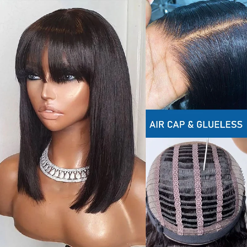 Bob Wigs for Travel (Compact and Easy to Pack) Glueless Air Cap Skin Melt Swiss Lace Preplucked Human Hair Closure Bob Wigs with Bang Bob Wigs for Travel (Compact and Easy to Pack) Glueless Air Cap Skin Melt Swiss Lace Preplucked Human Hair Closure Bob Wigs with Bang