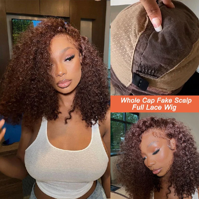 Bob Wigs for Athletic Builds Full Lace Fake Scalp Free Parting Preplucked Human Hair Brown Curly Bob Wig Bob Wigs for Athletic Builds Full Lace Fake Scalp Free Parting Preplucked Human Hair Brown Curly Bob Wig