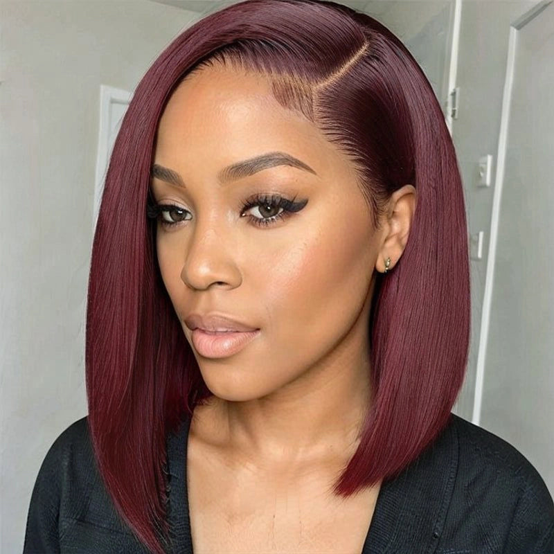 Bob Wigs for Night Outlooks Blunt Cut Bob Burgundy 99J Color Straight Hair Double Drawn Wig High Density Bob Wigs for Night Outlooks Blunt Cut Bob Burgundy 99J Color Straight Hair Double Drawn Wig High Density