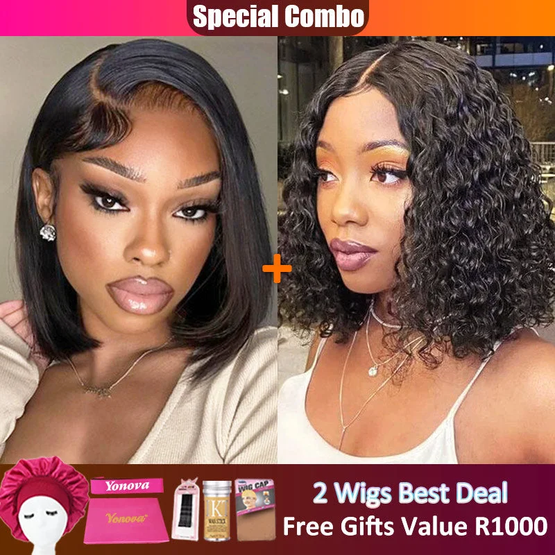 Bob Wigs for Hiking​ Hot combo | 13x4 Full Frontal Straight Bob Wig+4x4 WaterWave Bob Wig