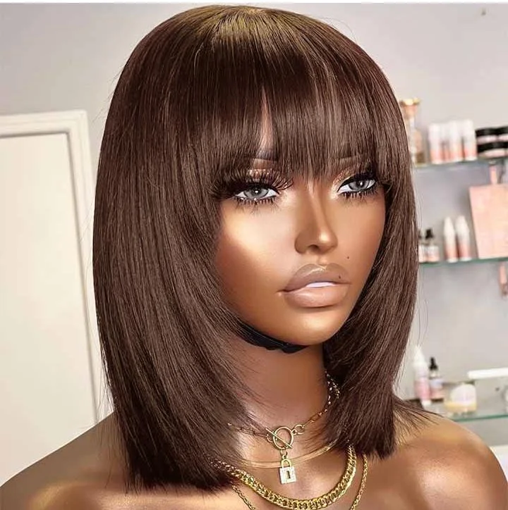Bob Wigs for Tall Women Black&Brown&Burgundy Color Glueless Layer Cut Straight 5x5 Lace Human Hair Wig With Bangs Bob Wigs for Tall Women Black&Brown&Burgundy Color Glueless Layer Cut Straight 5x5 Lace Human Hair Wig With Bangs