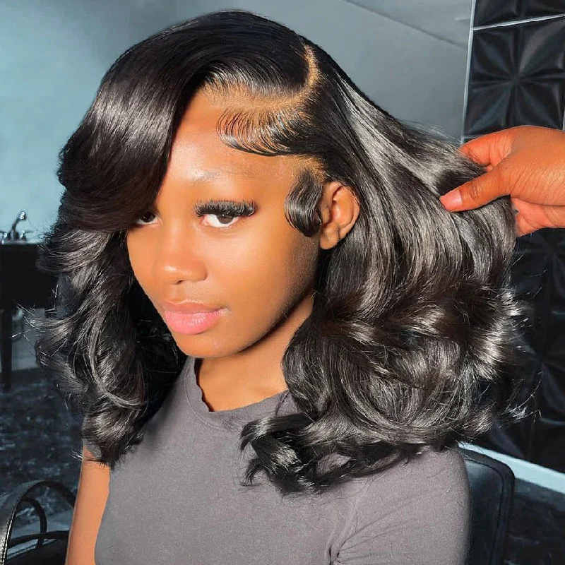 Bob Wigs with Bangs for Square Faces​ Side Part Bob Wig Body Wave Customized 13x4 Lace Front Wig 10A Human Hair