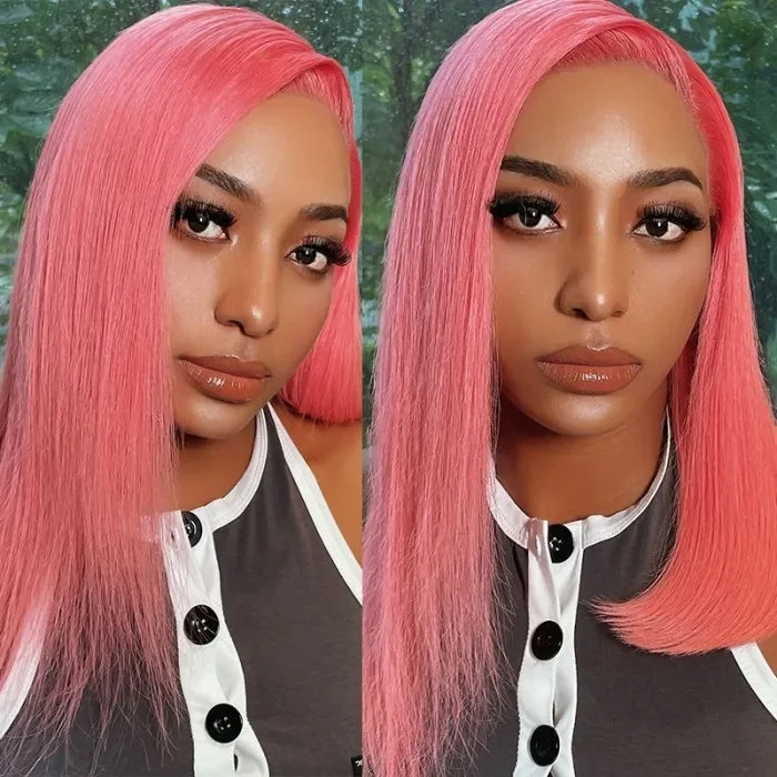 Bob Wigs for Indoor Photoshoots​ Klaiyi 70% Off Super Flash Sale Short Pink 180% Density 13x4 Lace Front Bob Wig