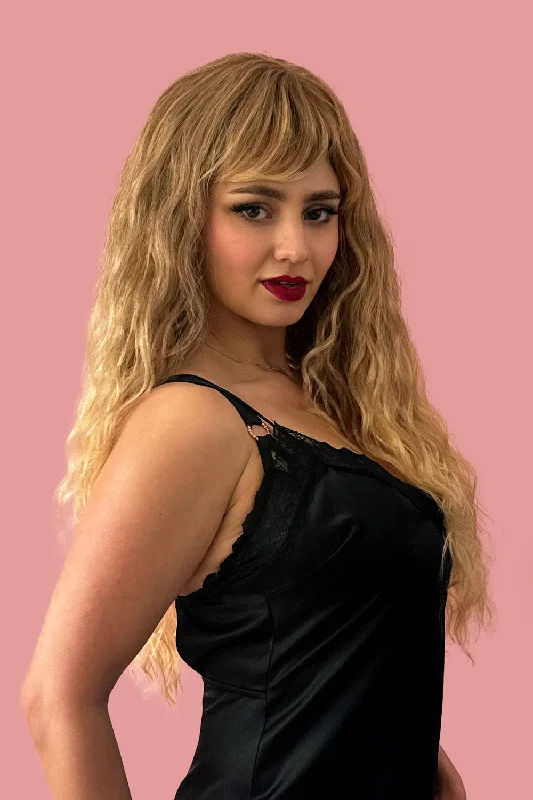 Long brown crimped wig, brown and blonde dip dye (ombre): Tiggy