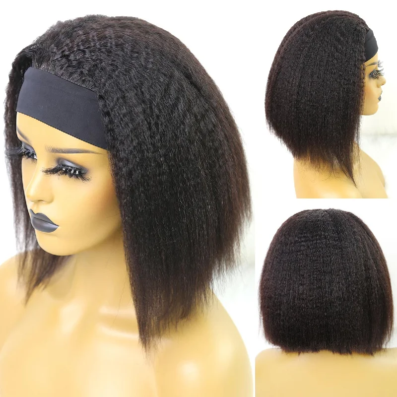 Bob Wigs with Clip - in Bangs (Removable) Kinky Straight Black Human Hair Bob Headband Wig Bob Wigs with Clip - in Bangs (Removable) Kinky Straight Black Human Hair Bob Headband Wig