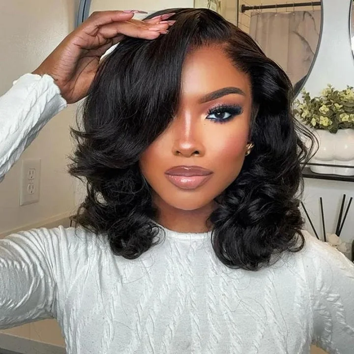 Bob Wigs for Wedding Guests Wear and Go Wavy Bob Glueless Human Hair Wigs 7x5 13x5 Pre Cut Lace 180% Density Black Bob Wig Bob Wigs for Wedding Guests Wear and Go Wavy Bob Glueless Human Hair Wigs 7x5 13x5 Pre Cut Lace 180% Density Black Bob Wig