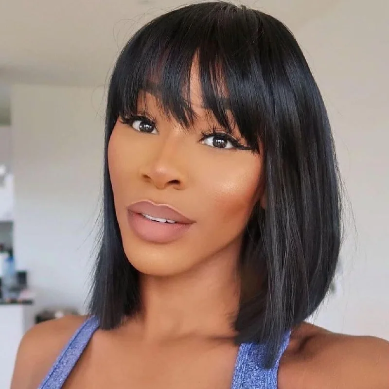 Wavy Bob Wigs for a Casual Vibe​ Natural Human Hair Fringe Bob Wig 14Inch
