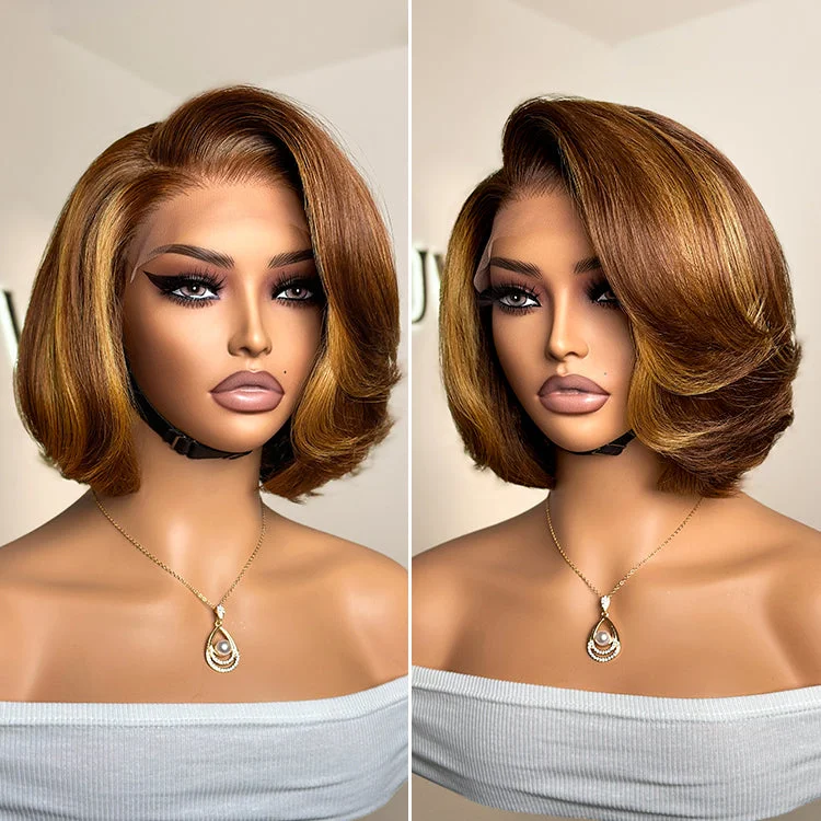 Bob Wigs for Shopping Trips Limited Design | Toffee Brown Mix Blonde / Natural Black Layered Cut Glueless 5x5 Closure Lace Bob Wig Bob Wigs for Shopping Trips Limited Design | Toffee Brown Mix Blonde / Natural Black Layered Cut Glueless 5x5 Closure Lace Bob Wig