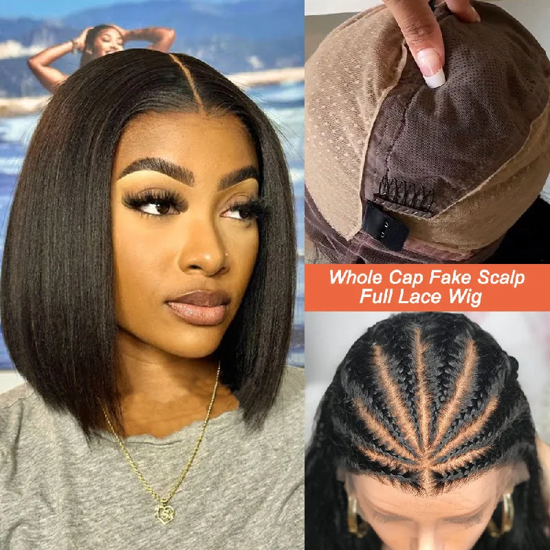 Bob Wigs for Rectangle - Shaped Figures Full Lace Fake Scalp Free Parting Preplucked Human Hair Yaki Bob Wig Bob Wigs for Rectangle - Shaped Figures Full Lace Fake Scalp Free Parting Preplucked Human Hair Yaki Bob Wig