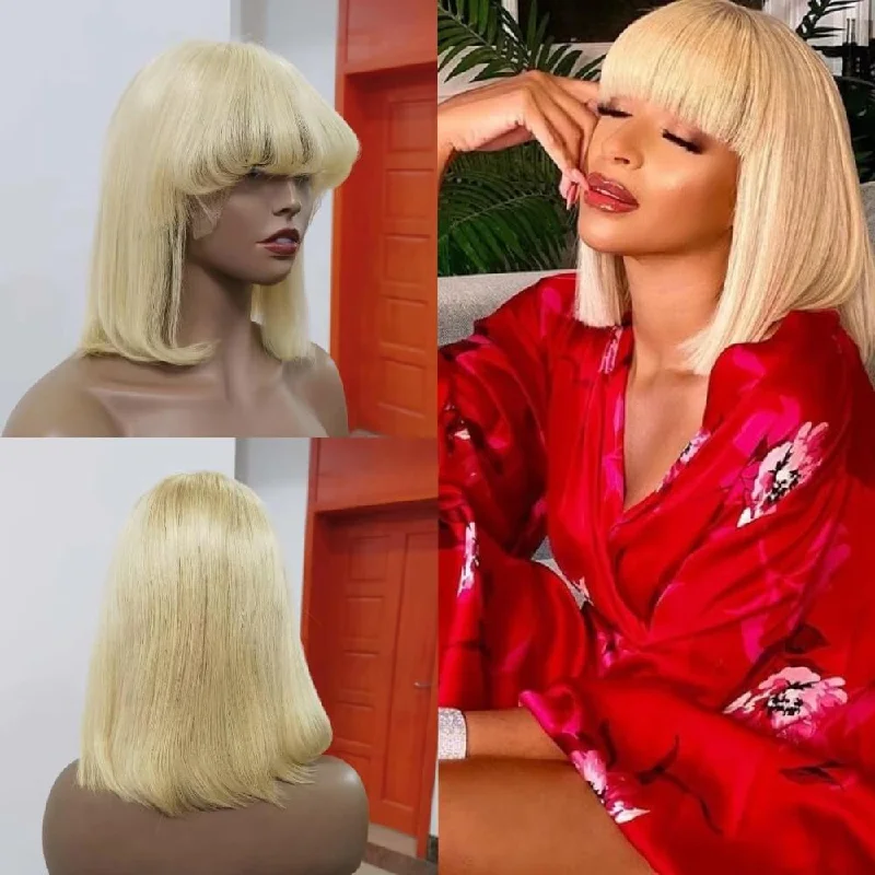 Bob Wigs in Brunette Shades Short Blonde Human Hair Bob Wig with Bangs Lace Frontal for African American Bob Wigs in Brunette Shades Short Blonde Human Hair Bob Wig with Bangs Lace Frontal for African American