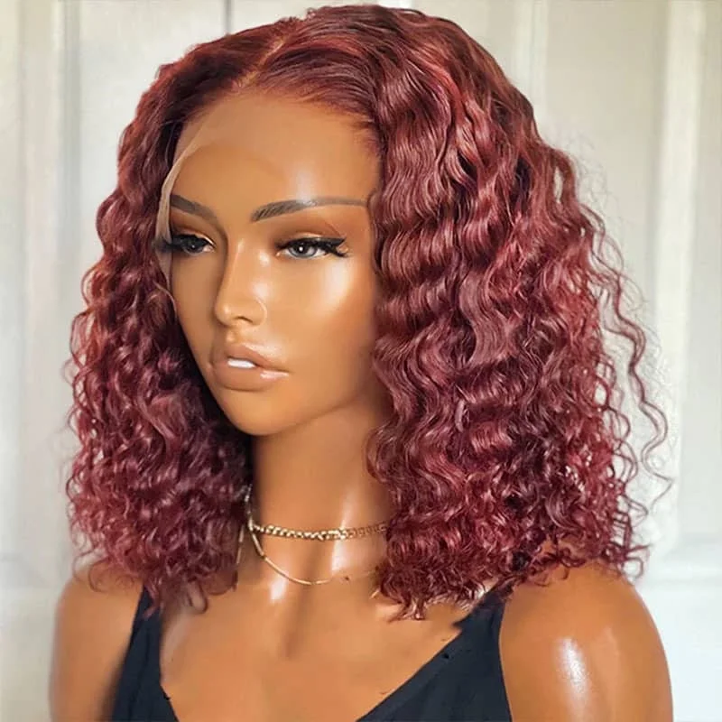 Bob Wigs for Indoor Photoshoots​ Burgundy Color Deep Wave Short Bob Wig 99J Transparent lace Wig 180%
