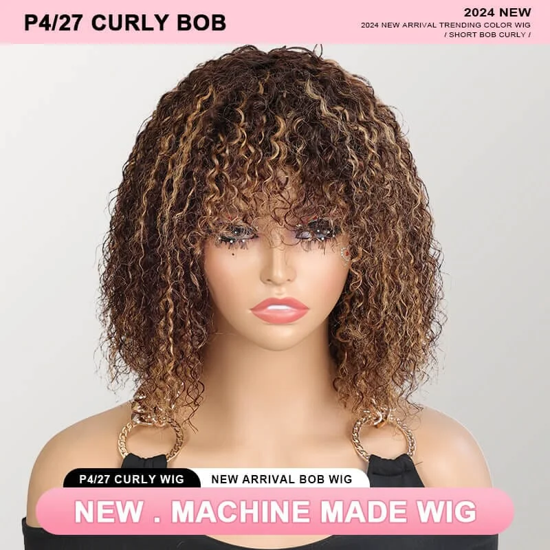 Bob Wigs for Barbecues Aligrace P4/27 Highlight Color Curly Straight Bob Human Hair Wigs With Bang Bob Wigs for Barbecues Aligrace P4/27 Highlight Color Curly Straight Bob Human Hair Wigs With Bang