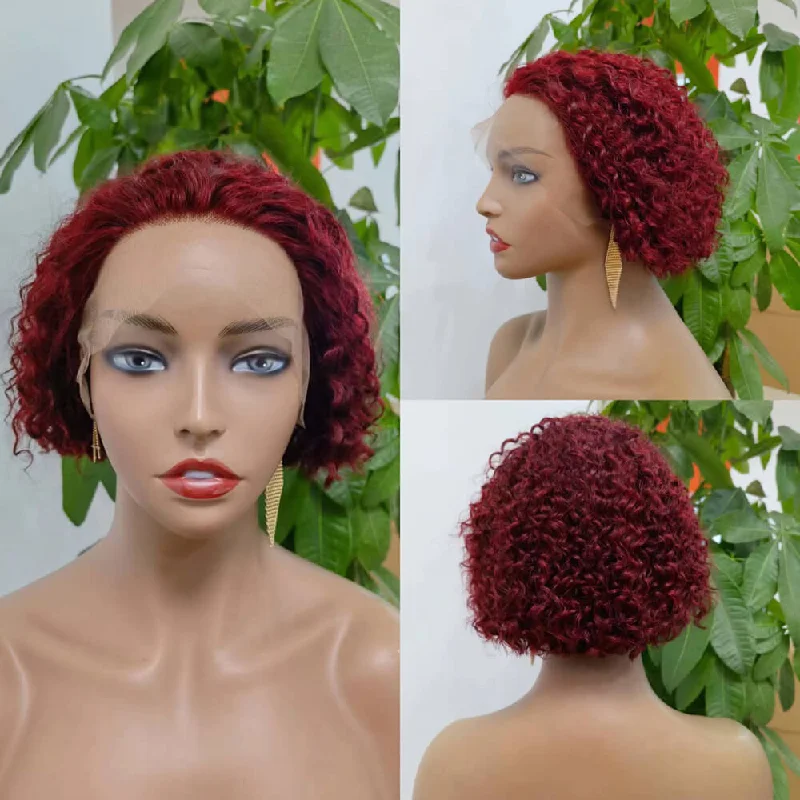 Bob Wigs with Clip - in Extensions (to Add Length) Short BOB Curly Lace Wig #99J T-part lace Wig for African American Bob Wigs with Clip - in Extensions (to Add Length) Short BOB Curly Lace Wig #99J T-part lace Wig for African American