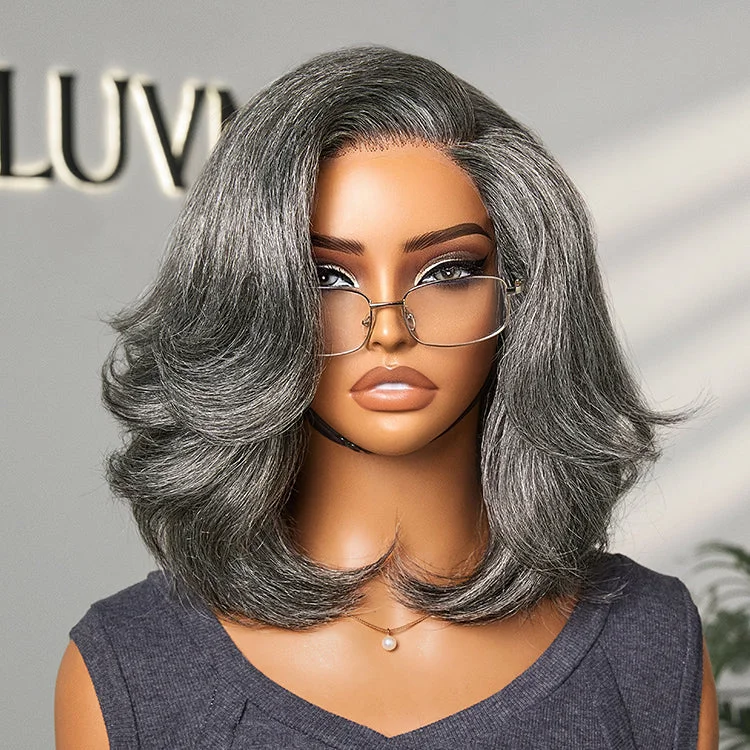 Bob Wigs with Clip - in Bangs (Removable) Put On and Go Salt and Pepper Layered Bob Glueless Pre-Cut Minimalist Lace Grey Wig Bob Wigs with Clip - in Bangs (Removable) Put On and Go Salt and Pepper Layered Bob Glueless Pre-Cut Minimalist Lace Grey Wig